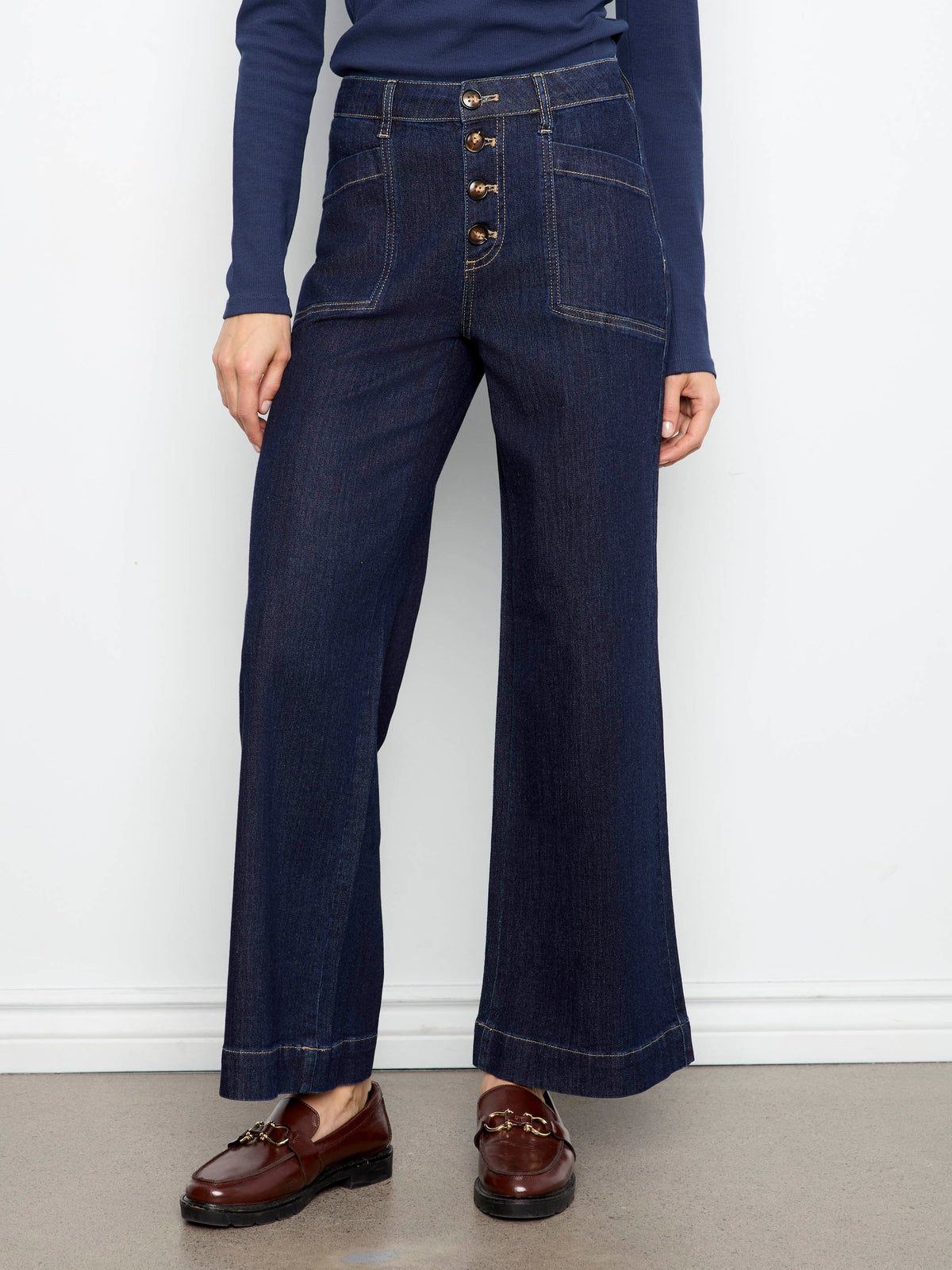 Wide Leg Button Front Jeans With Patch Pockets - Midnight