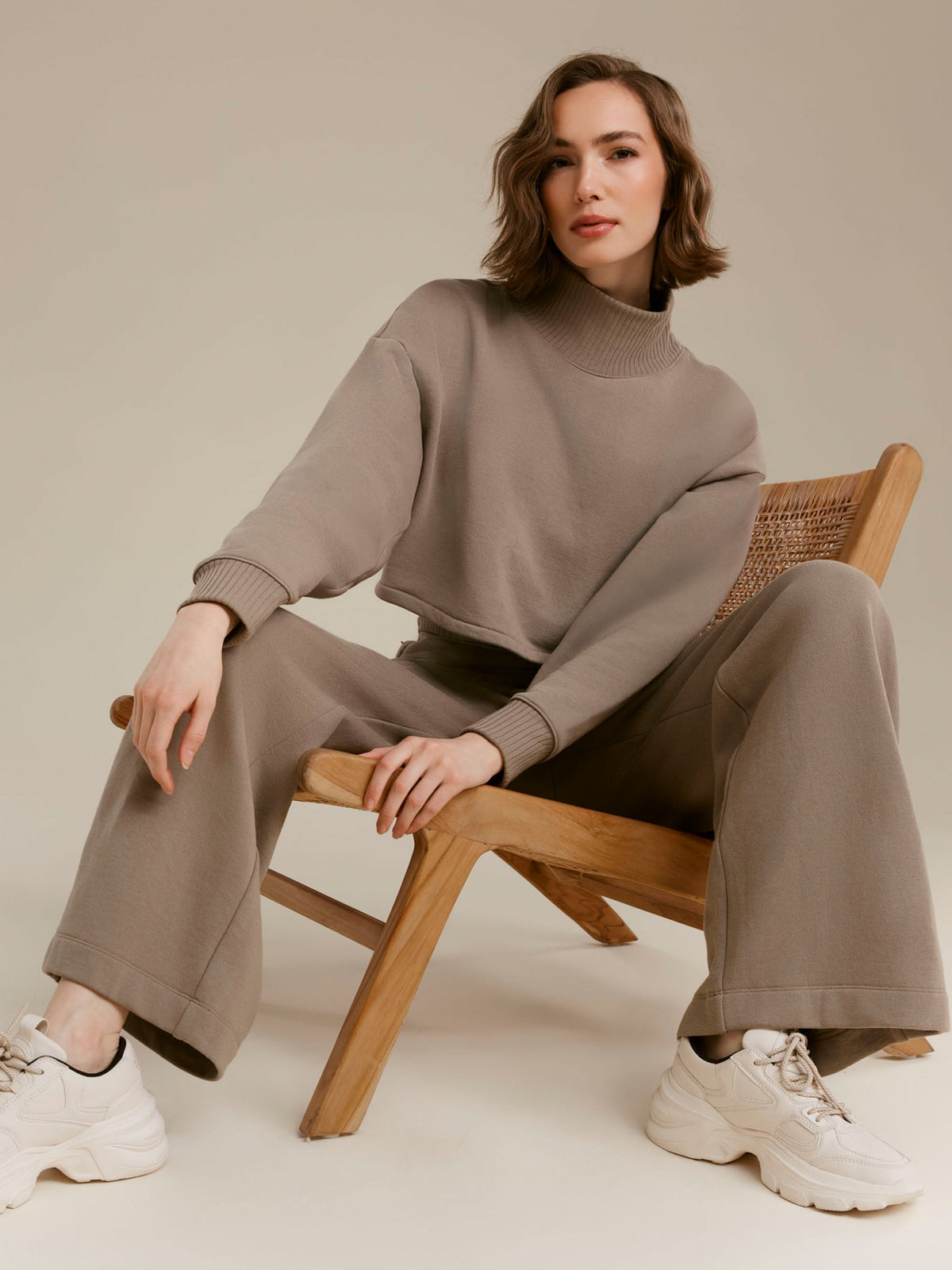 Wide Leg French Terry Pull-On Pants - Taupe