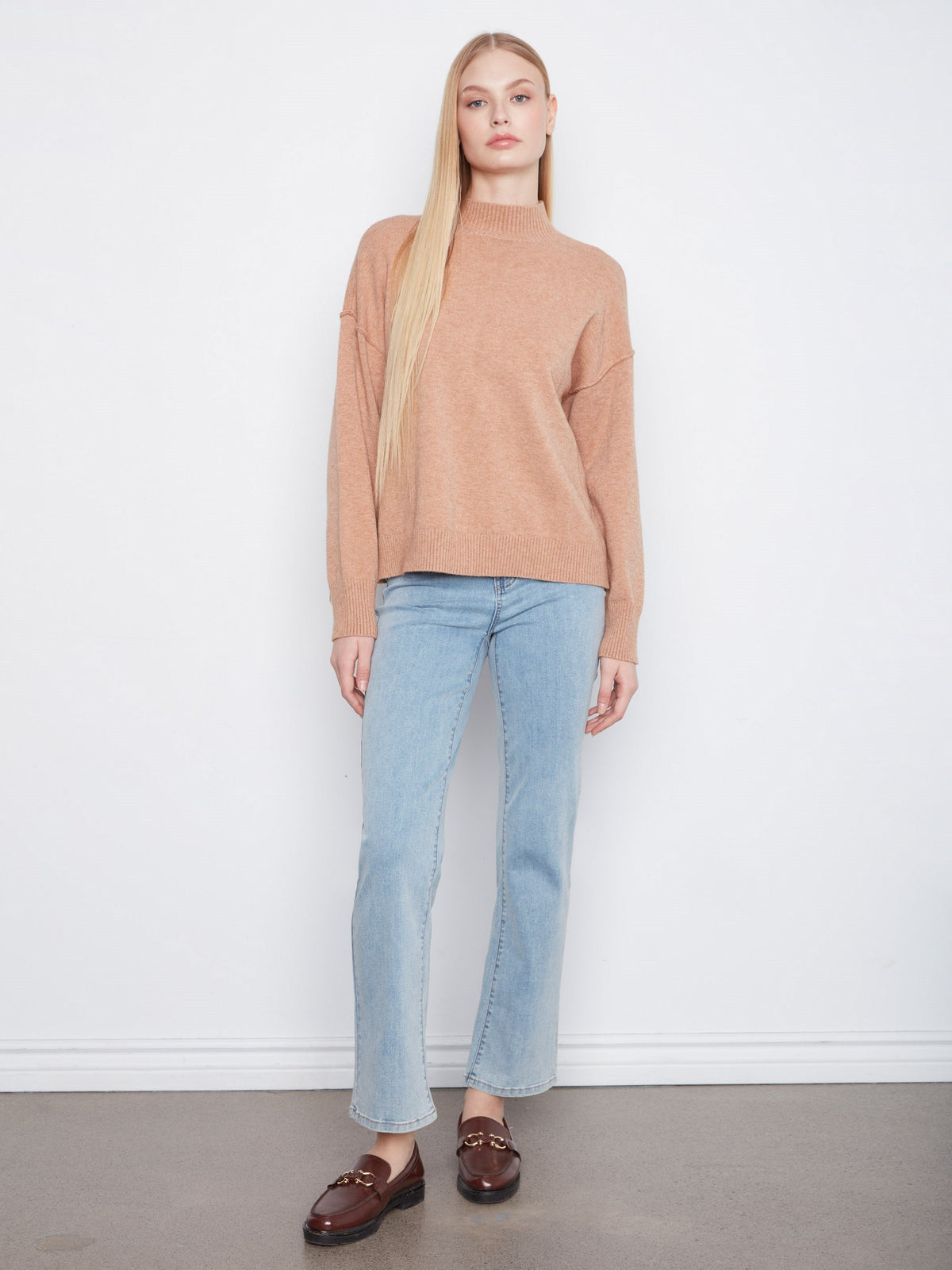 Fringe Detail Mock Neck Sweater - Heather Truffle