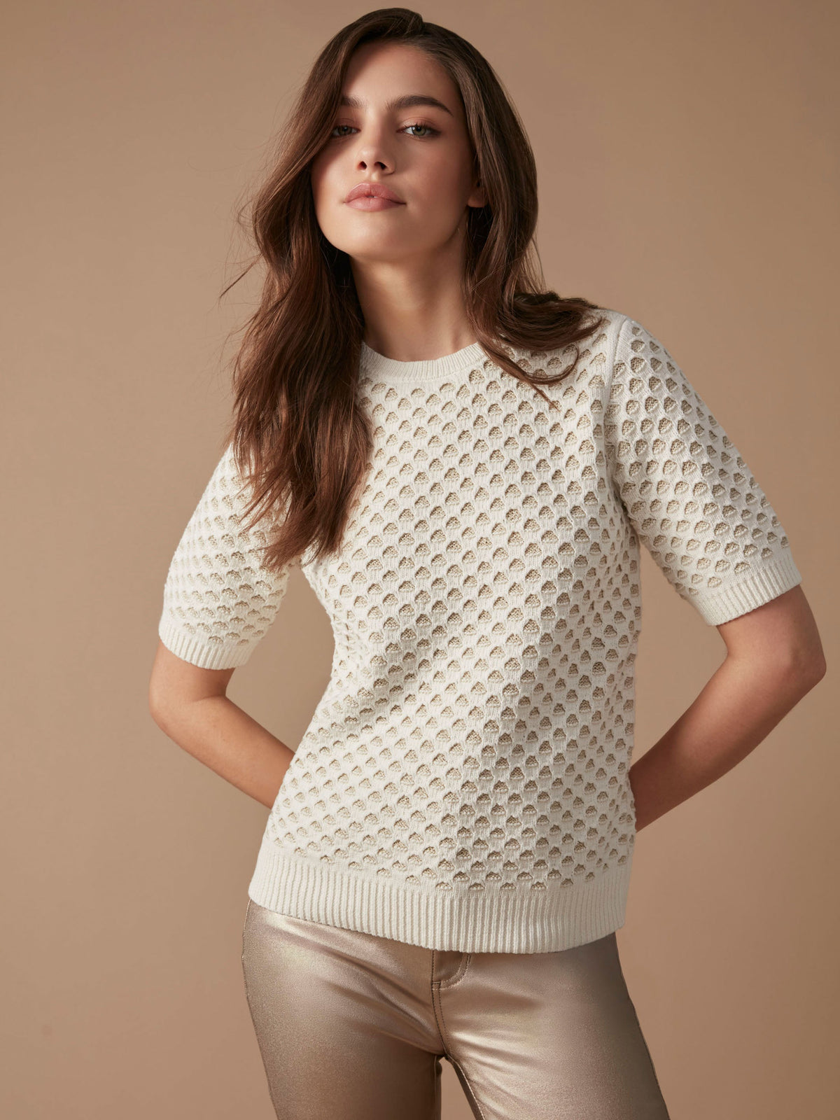 Metallic Honeycomb Short Sleeve Sweater - Ecru