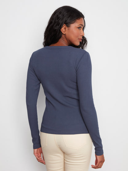 Cotton Blend Ribbed Long Sleeve Top - Midnight