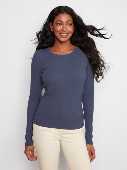 Cotton Blend Ribbed Long Sleeve Top - Midnight