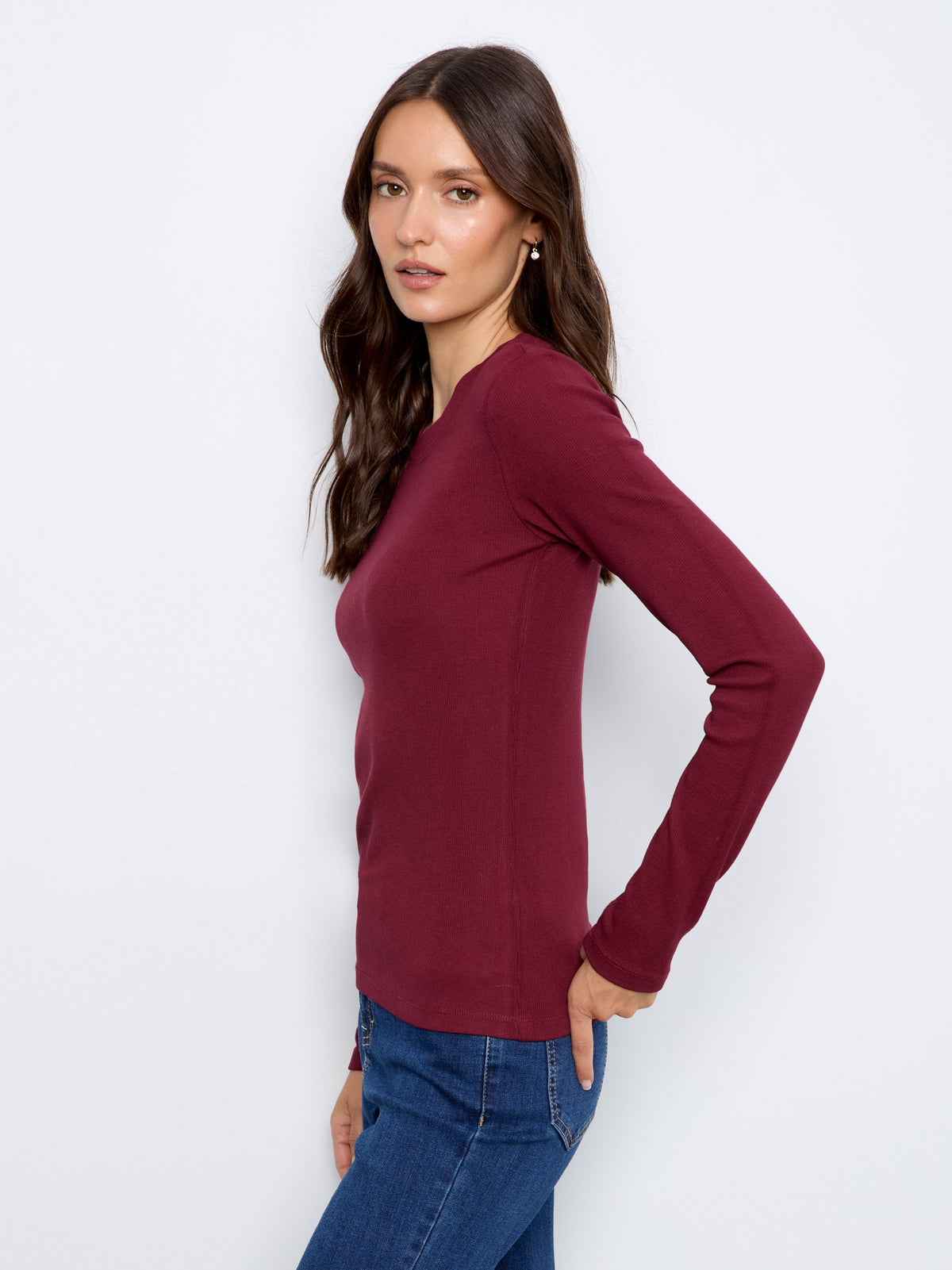 Cotton Blend Ribbed Long Sleeve Top - Merlot