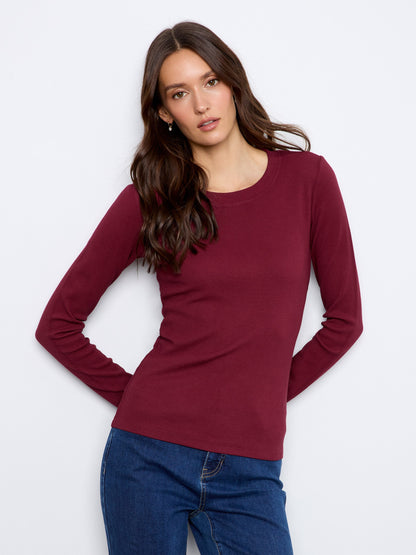 Cotton Blend Ribbed Long Sleeve Top - Merlot