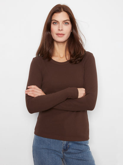 Cotton Blend Ribbed Long Sleeve Top - Coffee