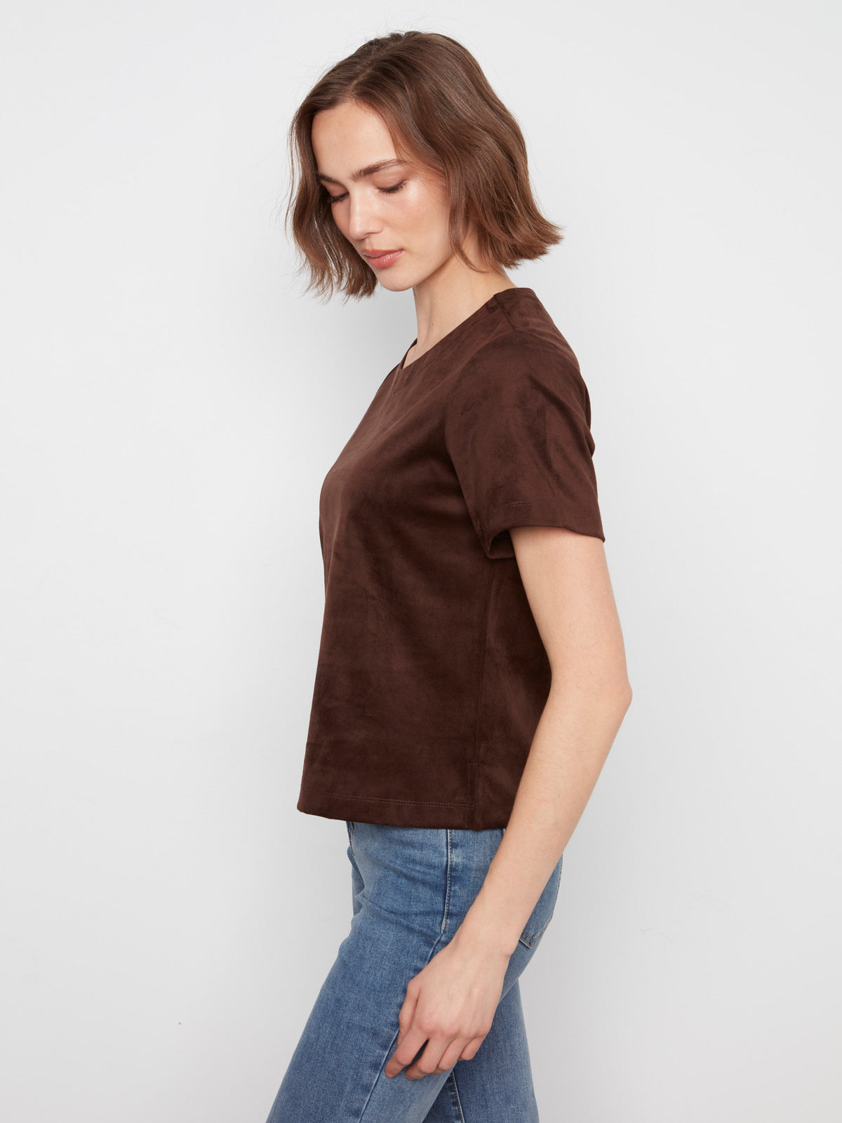 Faux Suede Short Sleeve Top - Coffee
