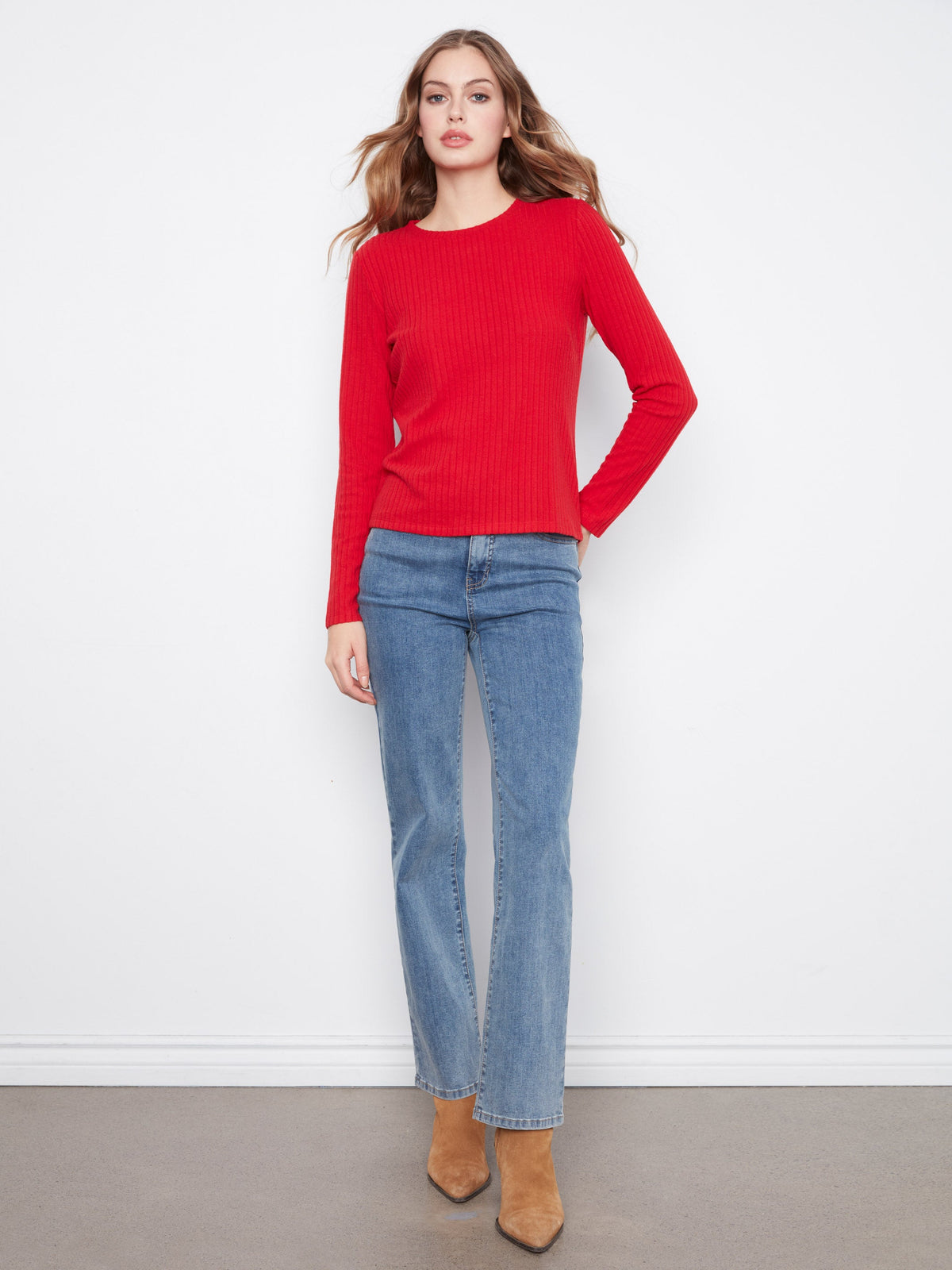 Brushed Ribbed Crew Neck Top - Equestrian