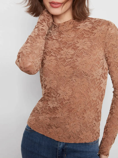 Lace Mock Neck Top - Truffle