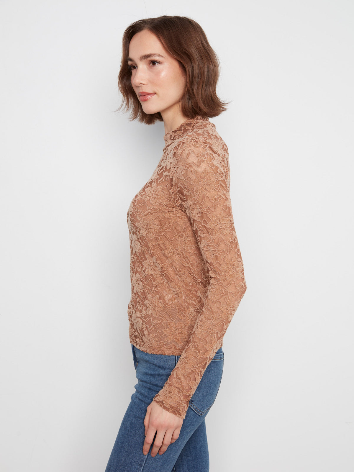 Lace Mock Neck Top - Truffle