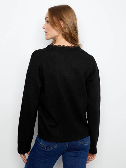 V-Neck Sweater With Woven Trim - Black