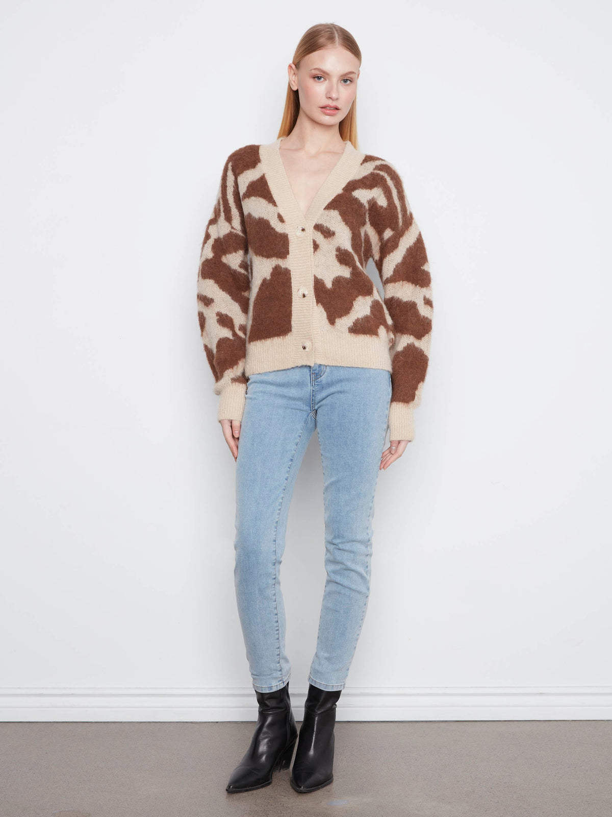 Cow Print V-Neck Cardigan - Ranch