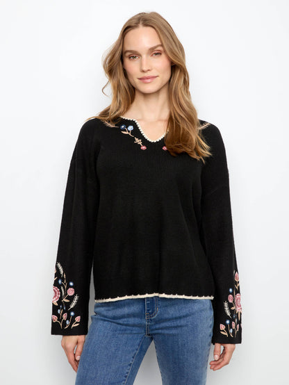 Embroidered Ribbed Sweater With Notch Neck - Black
