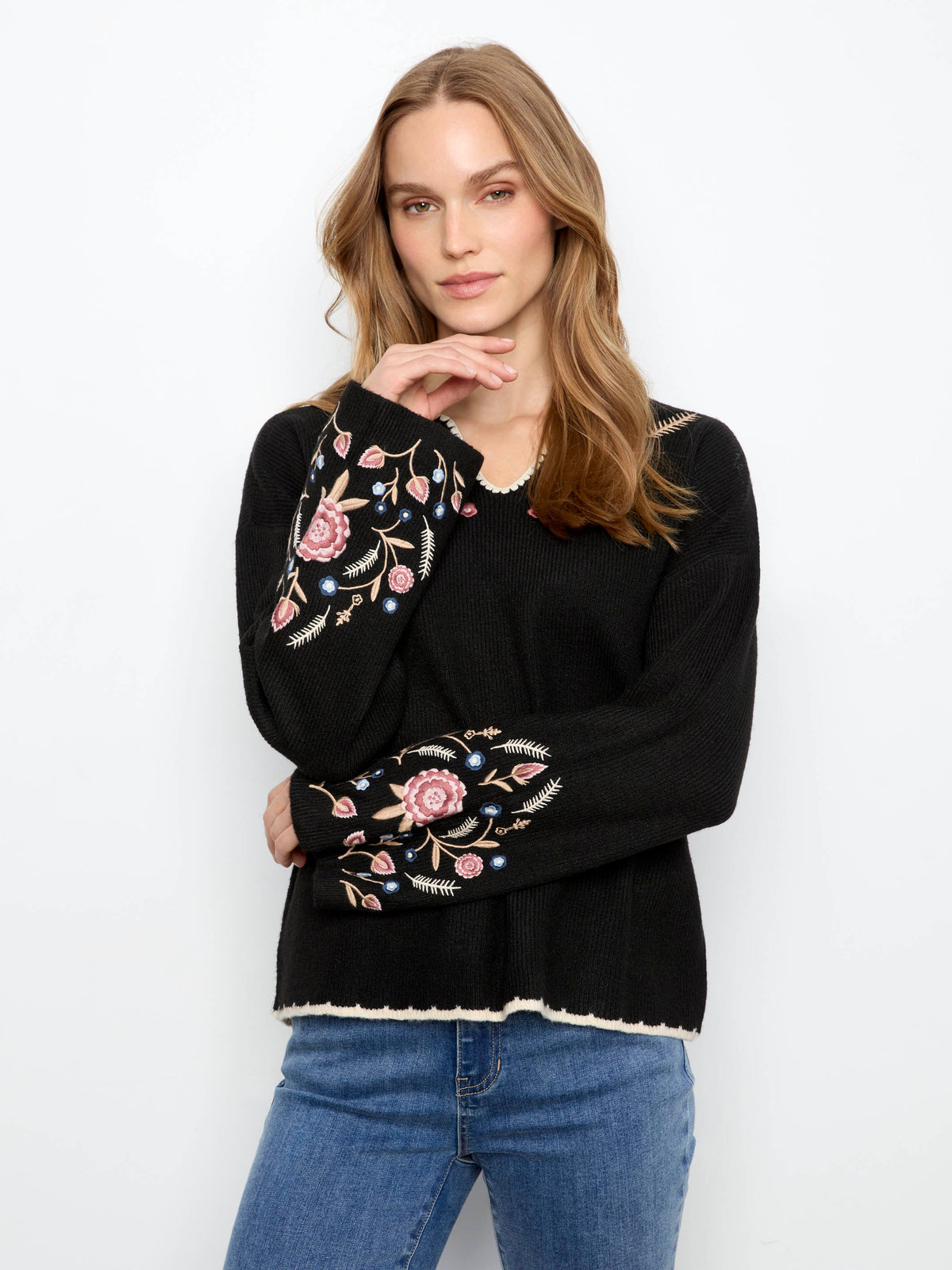 Embroidered Ribbed Sweater With Notch Neck - Black