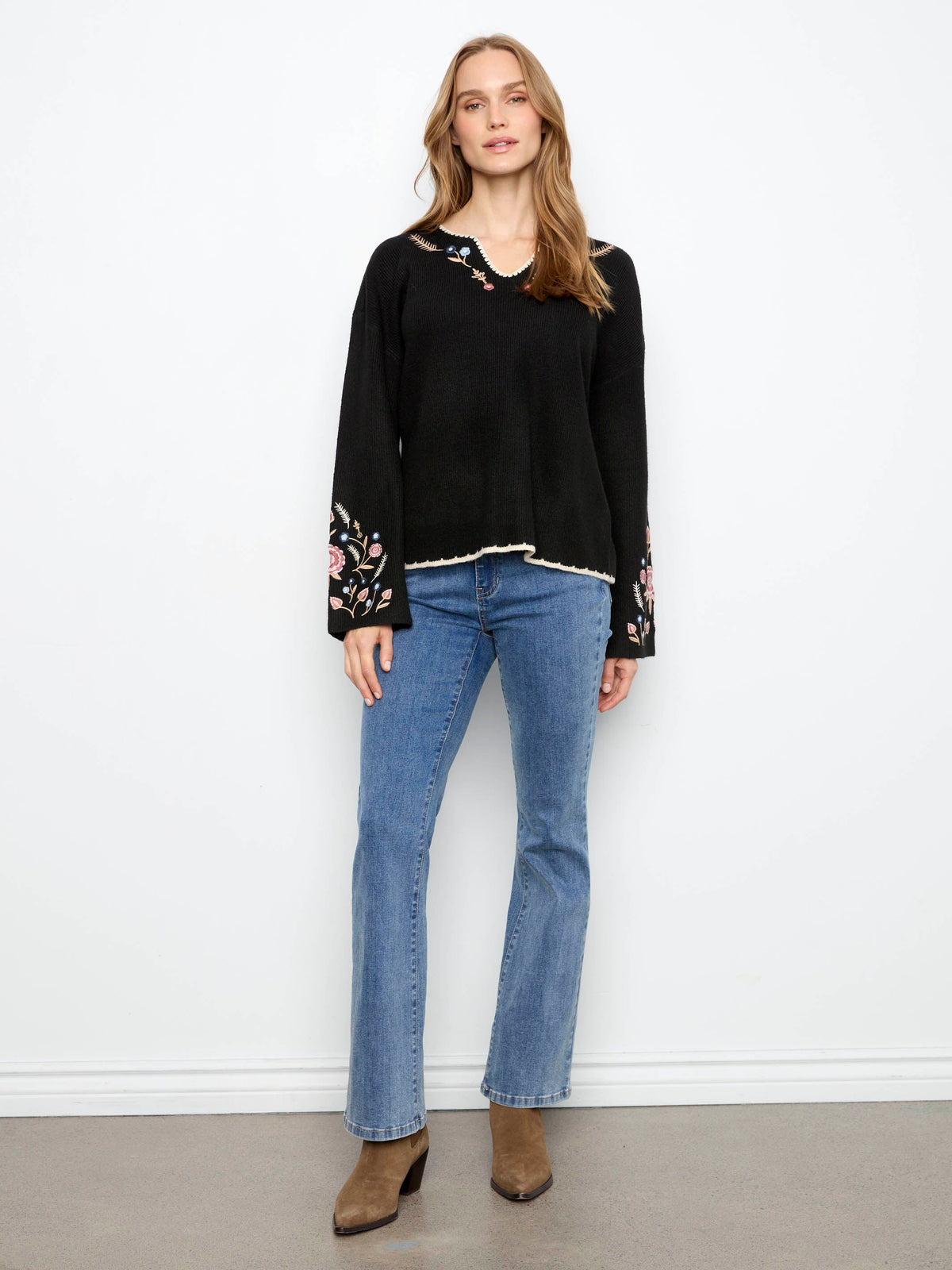 Embroidered Ribbed Sweater With Notch Neck - Black