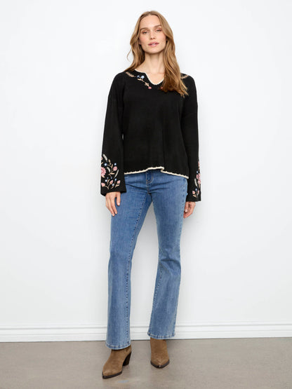 Embroidered Ribbed Sweater With Notch Neck - Black