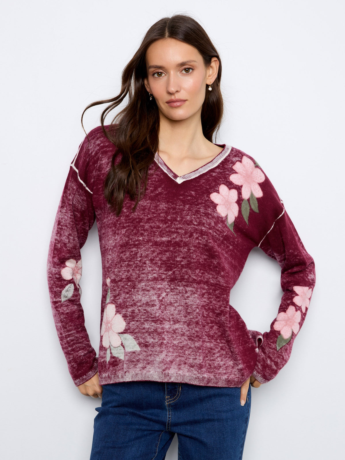 Reversible Floral V-Neck Sweater - Merlot