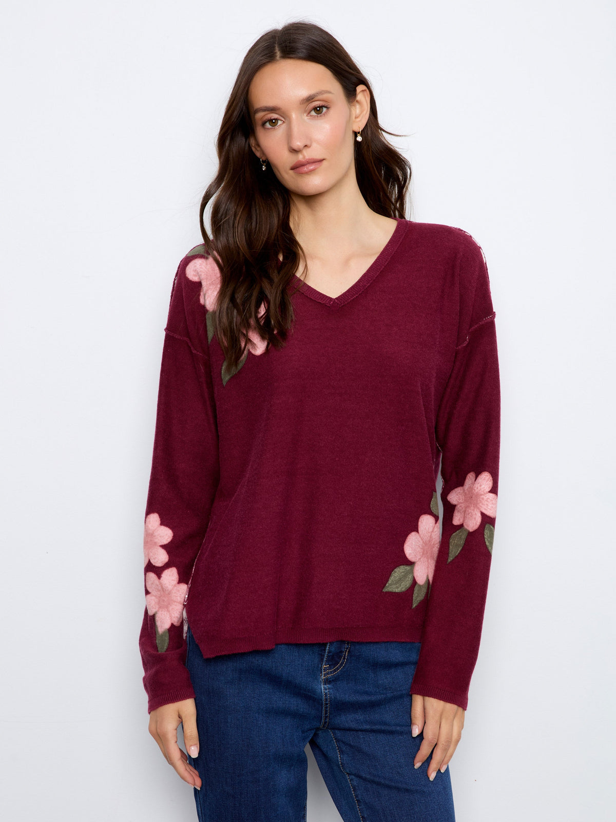Reversible Floral V-Neck Sweater - Merlot