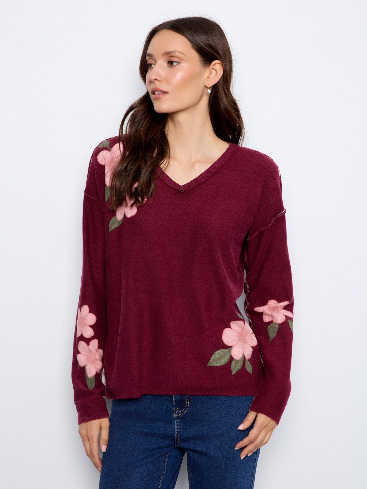 Reversible Floral V-Neck Sweater - Merlot