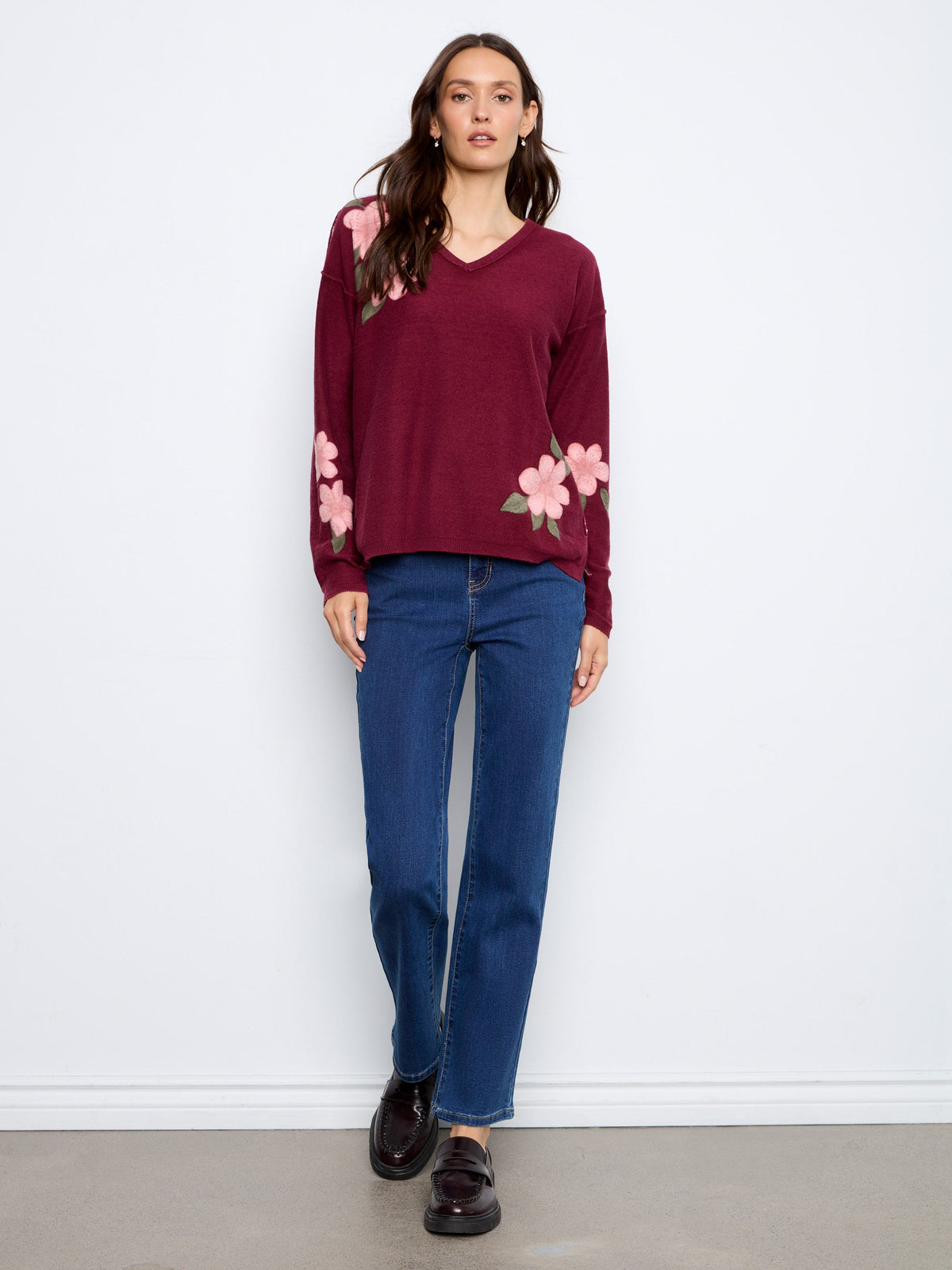 Reversible Floral V-Neck Sweater - Merlot