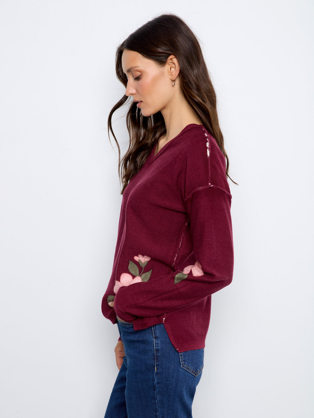 Reversible Floral V-Neck Sweater - Merlot