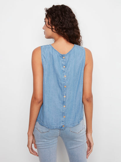 Tencel Sleeveless Scalloped Top - Medium Blue