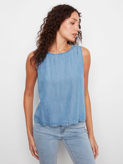 Tencel Sleeveless Scalloped Top - Medium Blue