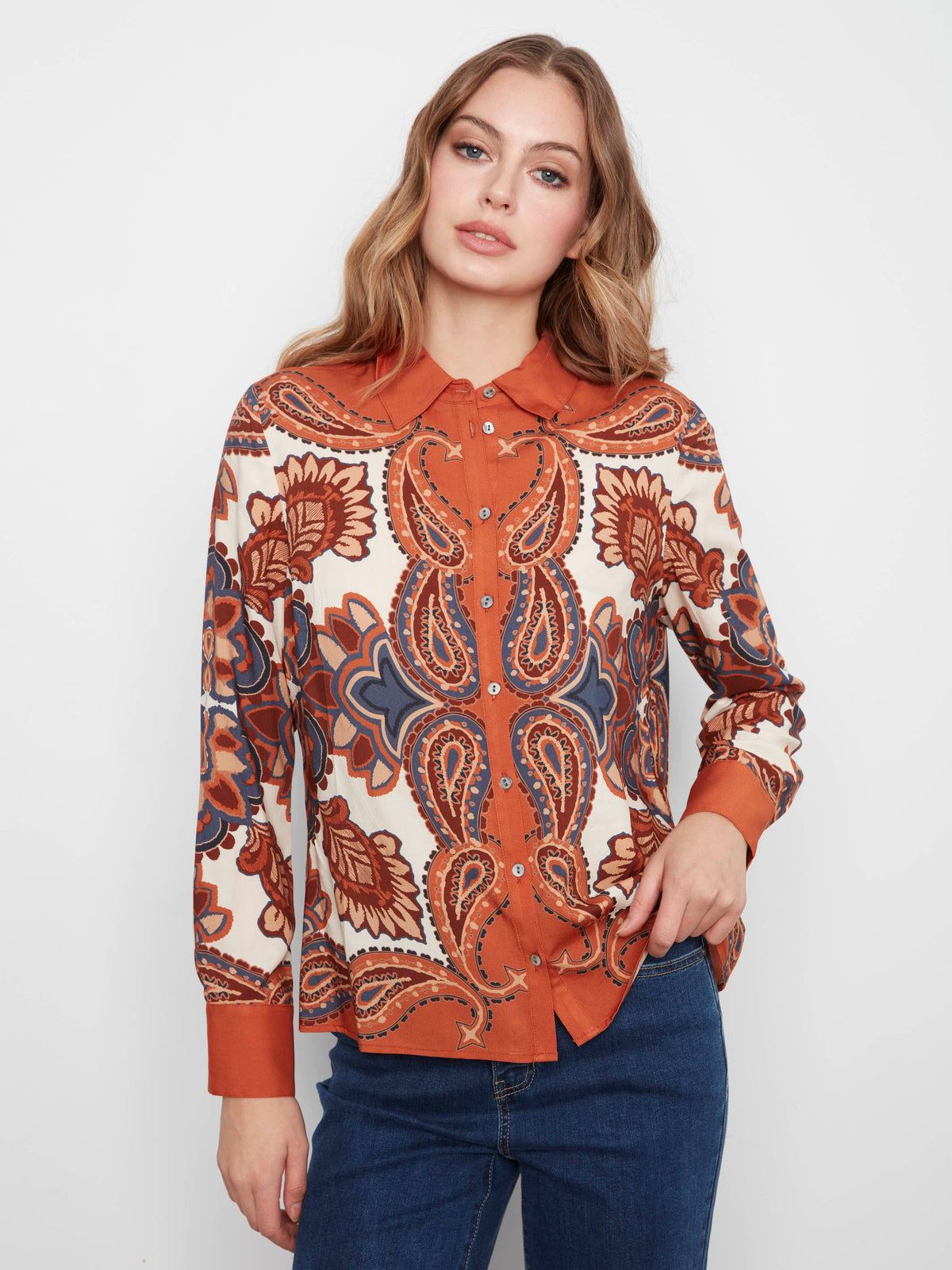 Button-Front Printed Shirt - Boteh