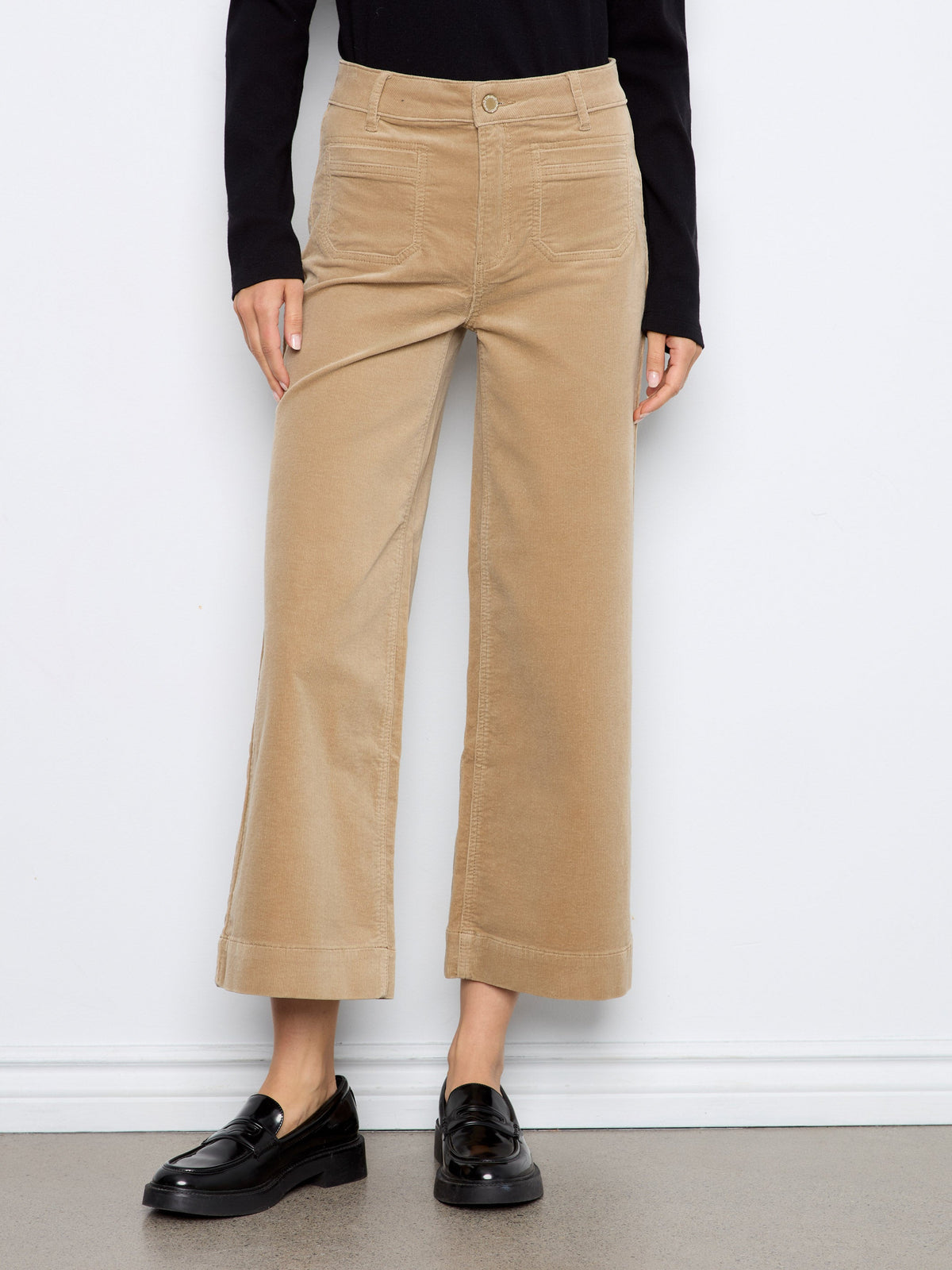 Cropped Patch Pocket Wide Leg Corduroy Pants - Latte