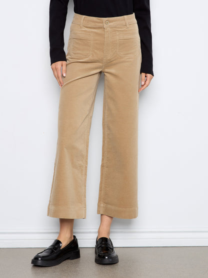 Cropped Patch Pocket Wide Leg Corduroy Pants - Latte