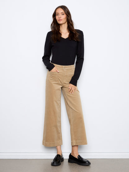Cropped Patch Pocket Wide Leg Corduroy Pants - Latte