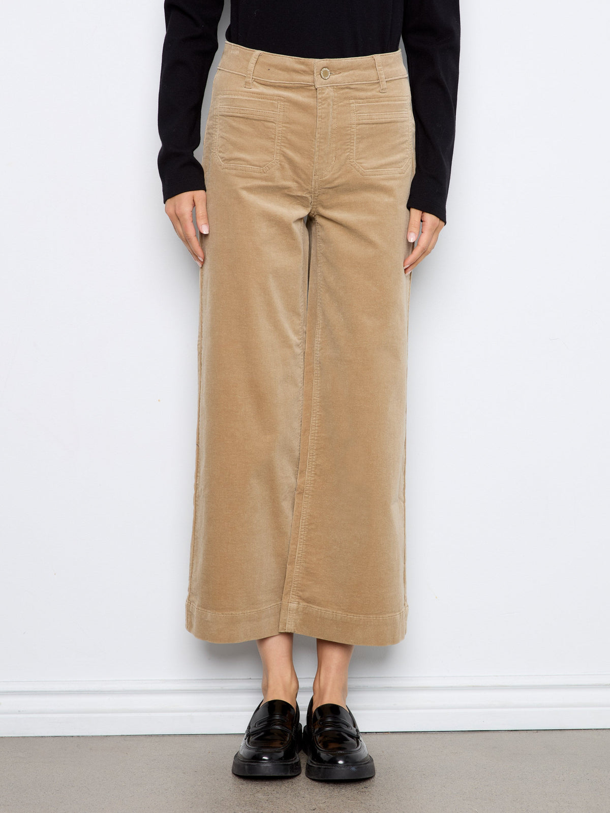 Cropped Patch Pocket Wide Leg Corduroy Pants - Latte