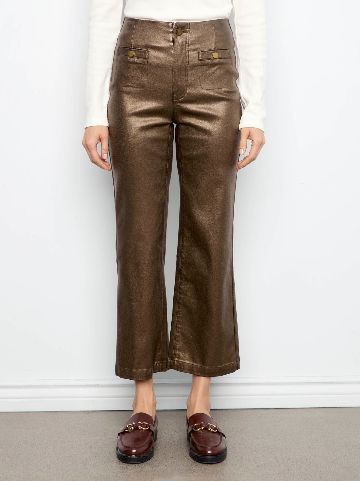 Metallic Waxed Twill Flare Pants - Copper