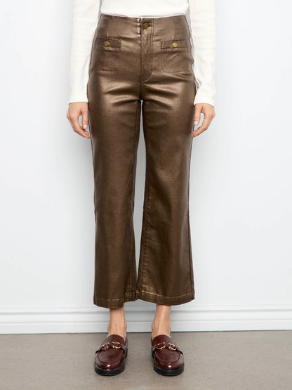 Metallic Waxed Twill Flare Pants - Copper