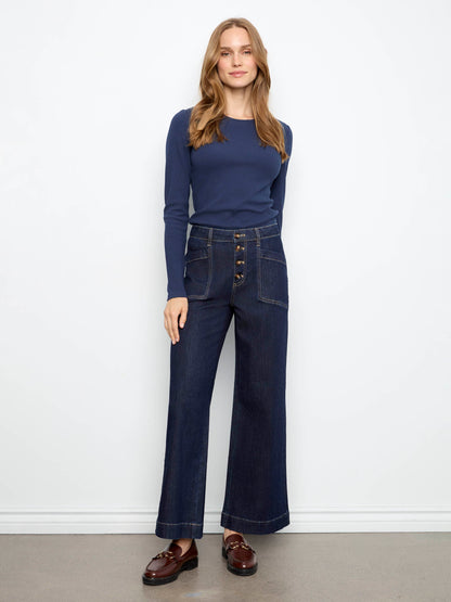 Wide Leg Button Front Jeans With Patch Pockets - Midnight