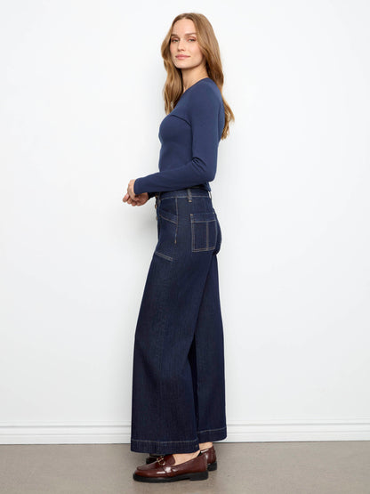 Wide Leg Button Front Jeans With Patch Pockets - Midnight