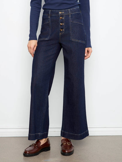 Wide Leg Button Front Jeans With Patch Pockets - Midnight