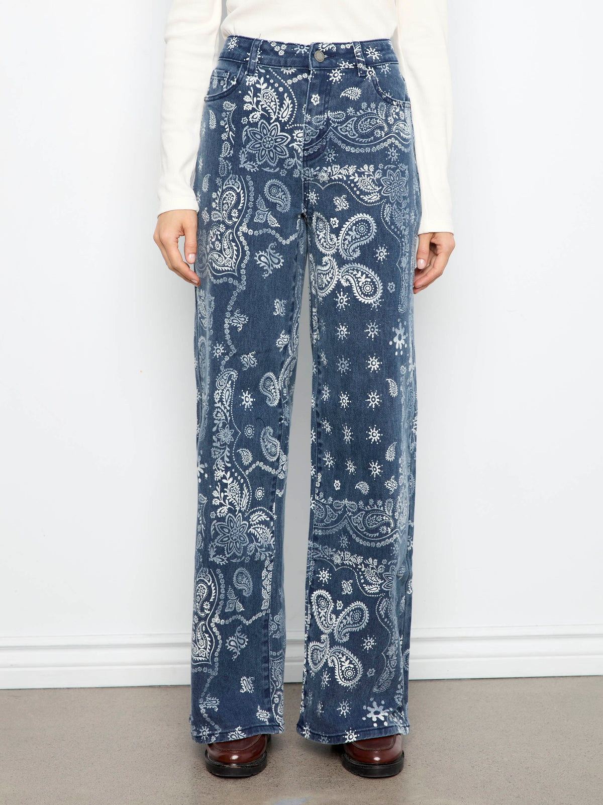 Wide Leg Printed Twill Pants - Bandana