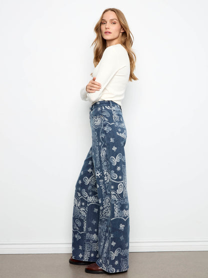 Wide Leg Printed Twill Pants - Bandana