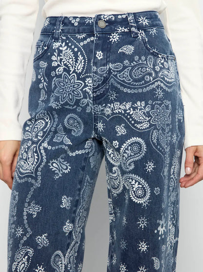 Wide Leg Printed Twill Pants - Bandana