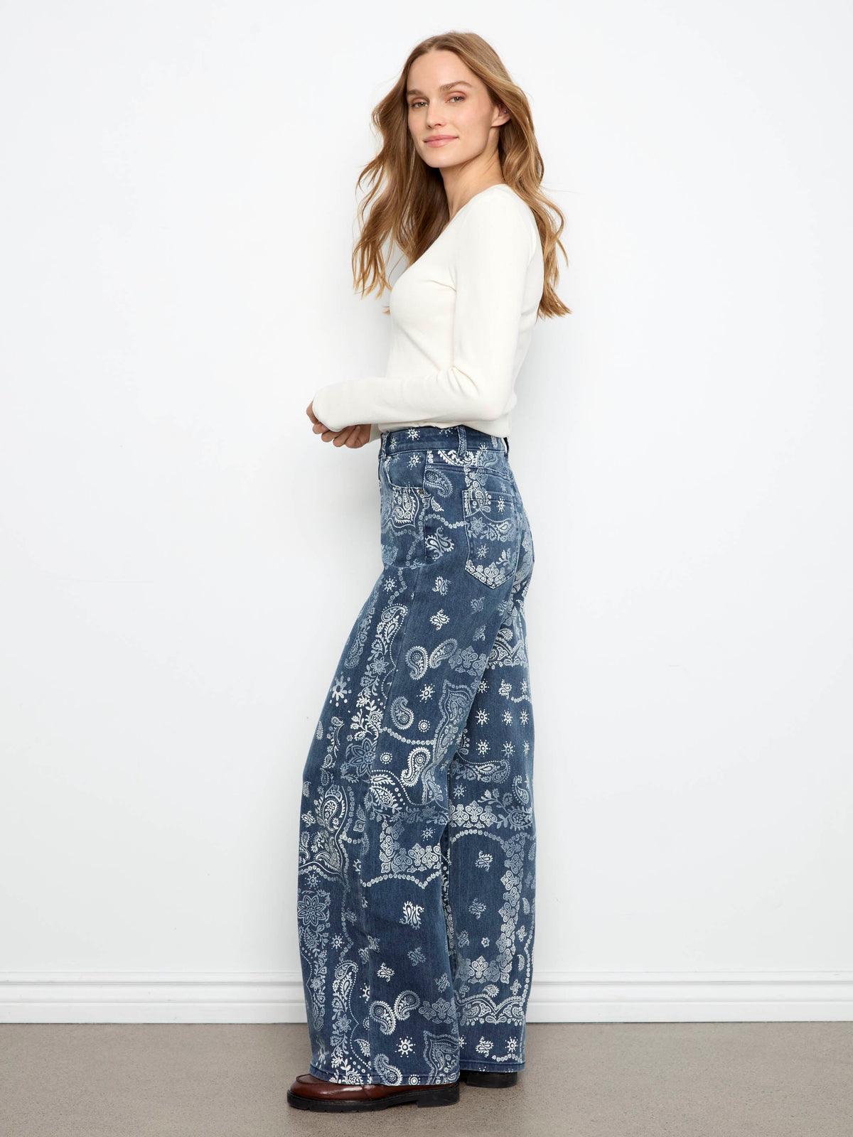 Wide Leg Printed Twill Pants - Bandana