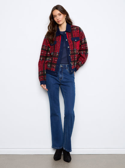 Plaid Bouclé Jacket With Denim Trim - Cranberry
