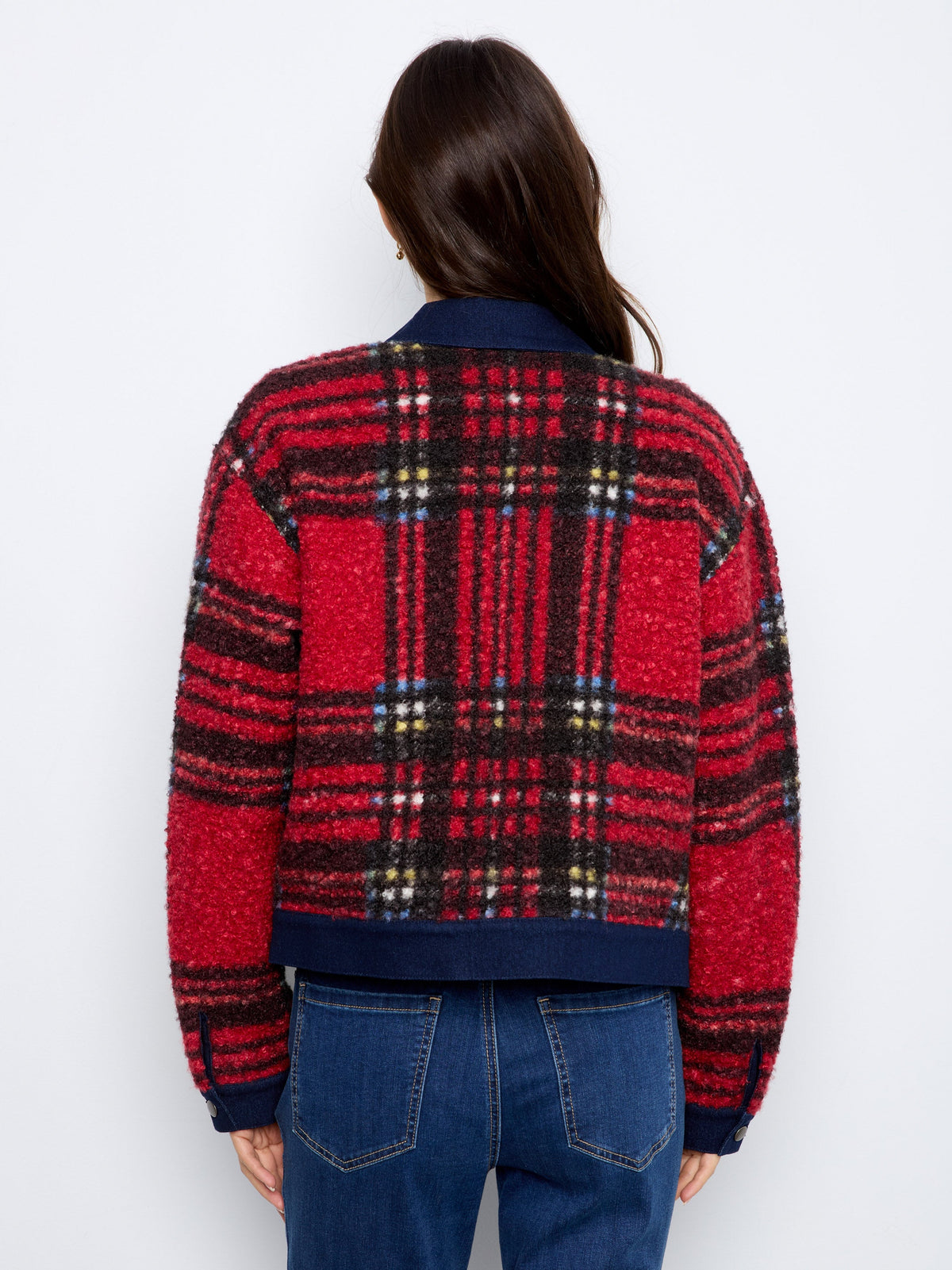 Plaid Bouclé Jacket With Denim Trim - Cranberry