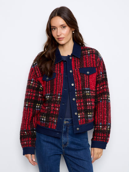 Plaid Bouclé Jacket With Denim Trim - Cranberry