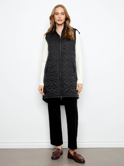 Long Hooded Puffer Vest - Black