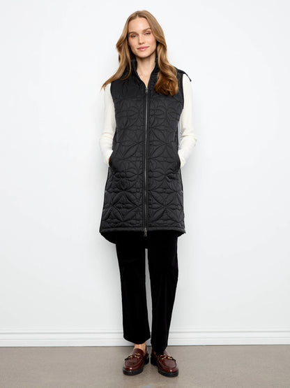 Long Hooded Puffer Vest - Black