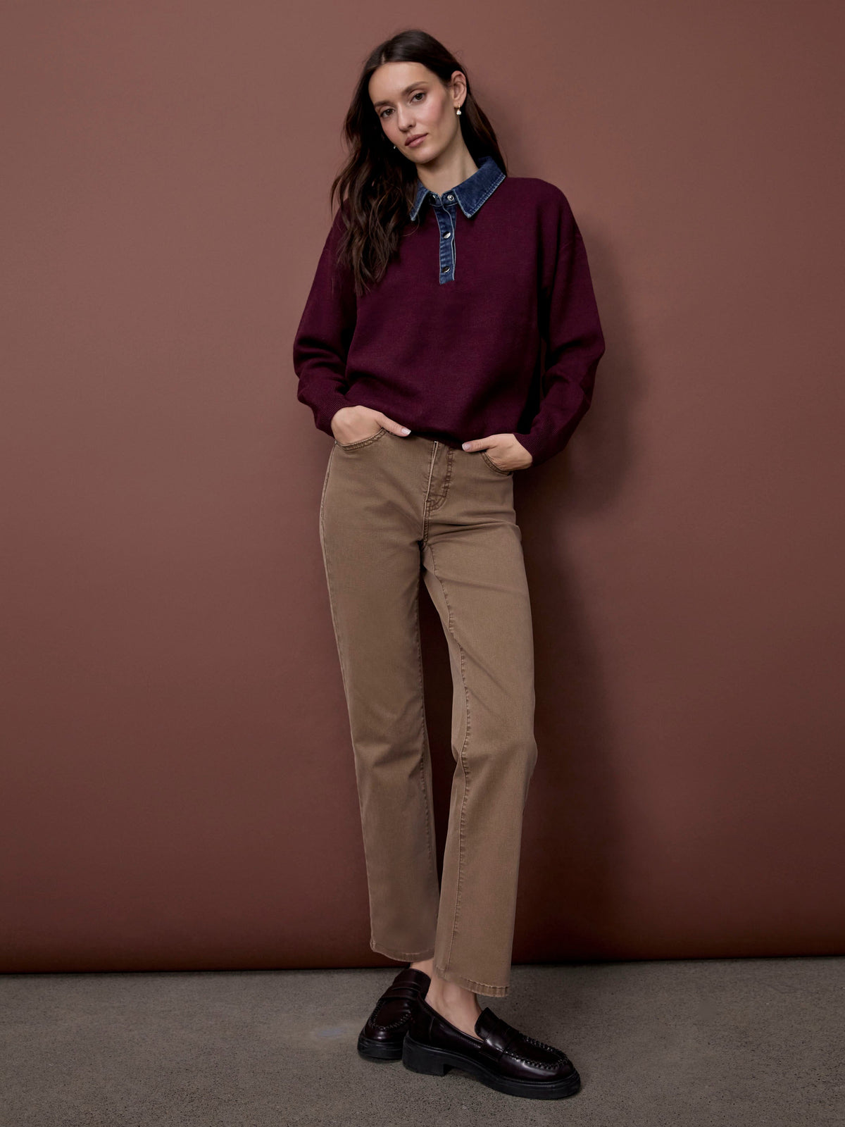 Denim Trim Polo Sweater - Merlot