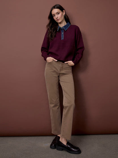 Denim Trim Polo Sweater - Merlot