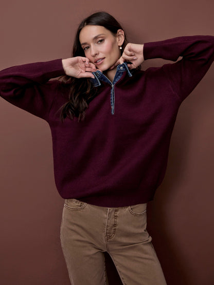 Denim Trim Polo Sweater - Merlot