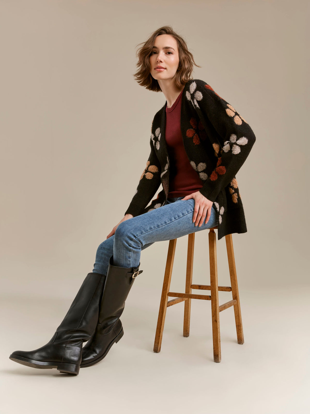 Floral Bouclé Cardigan - Black