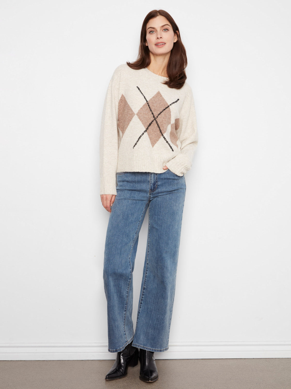 Argyle Crew Neck Sweater - Heather Almond